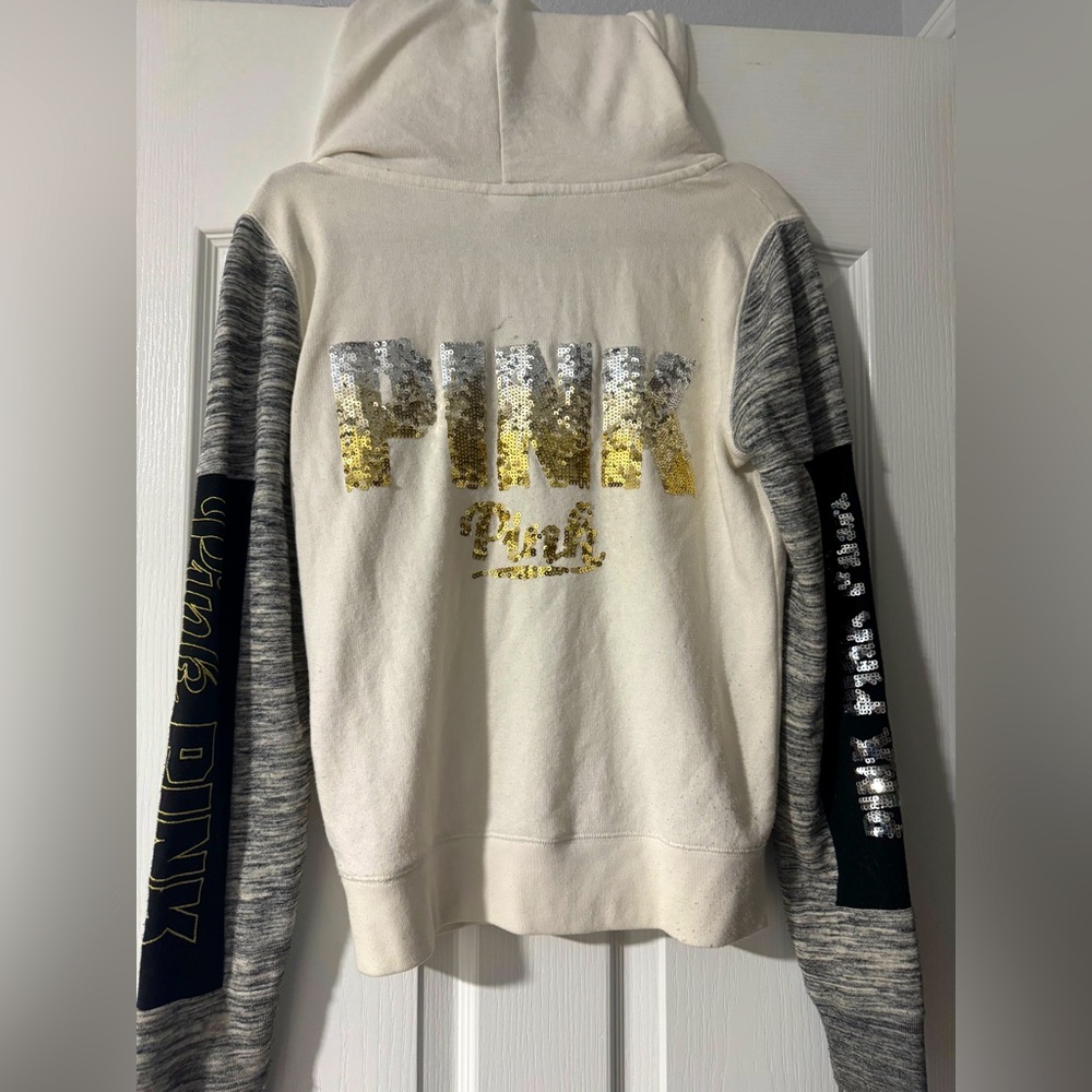 PINK by Victorias Secret, White Black and Gold Full Zip Sequin Hoodie